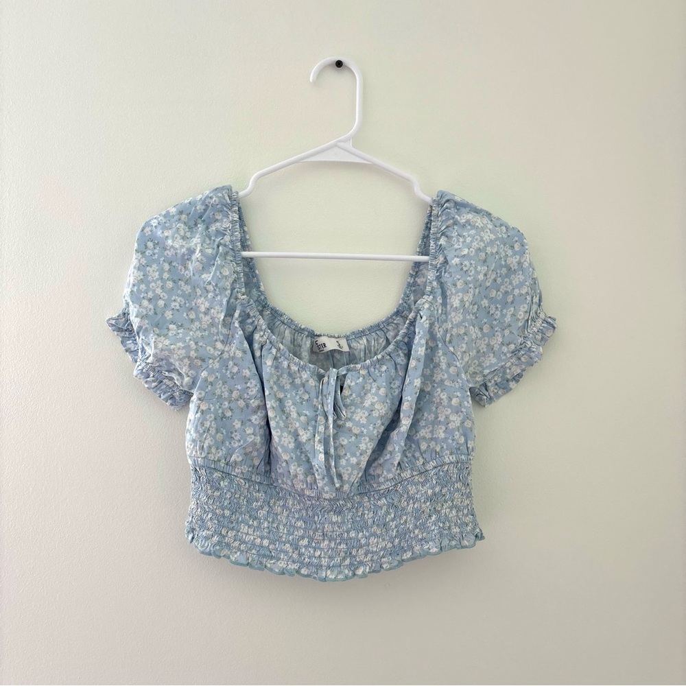 Hollister Puff Sleeve Crop Top Light Blue Floral Size S NWT